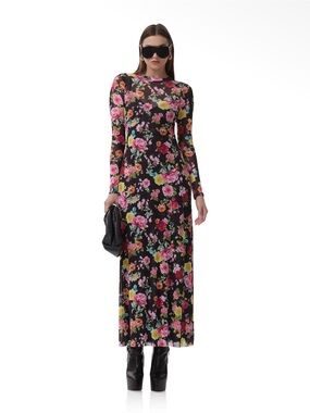 AFRM Black Floral Long-Sleeve Mesh Maxi Dress with Pink & Green Blooms